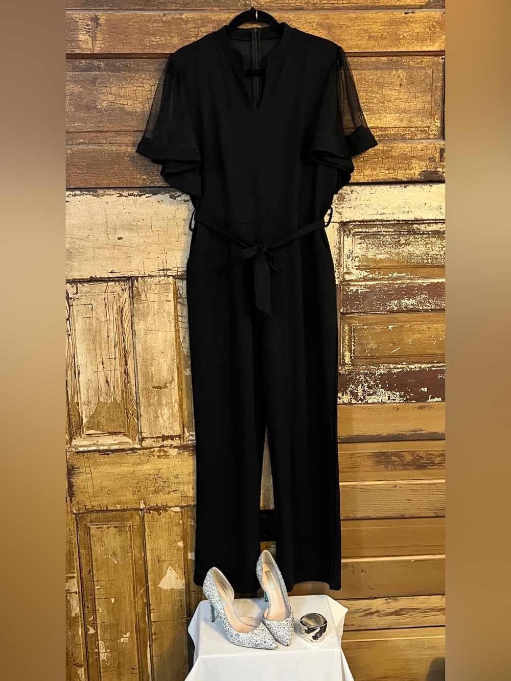 Black Wide Leg Jumpsuit | Sheer Flutter Sleeve Formal | NWOT XL